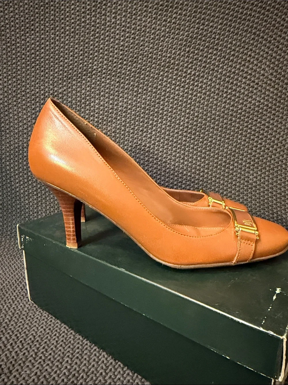 Polo by Ralph Lauren Cognac Leather Heeled Pumps with Gold Buckle